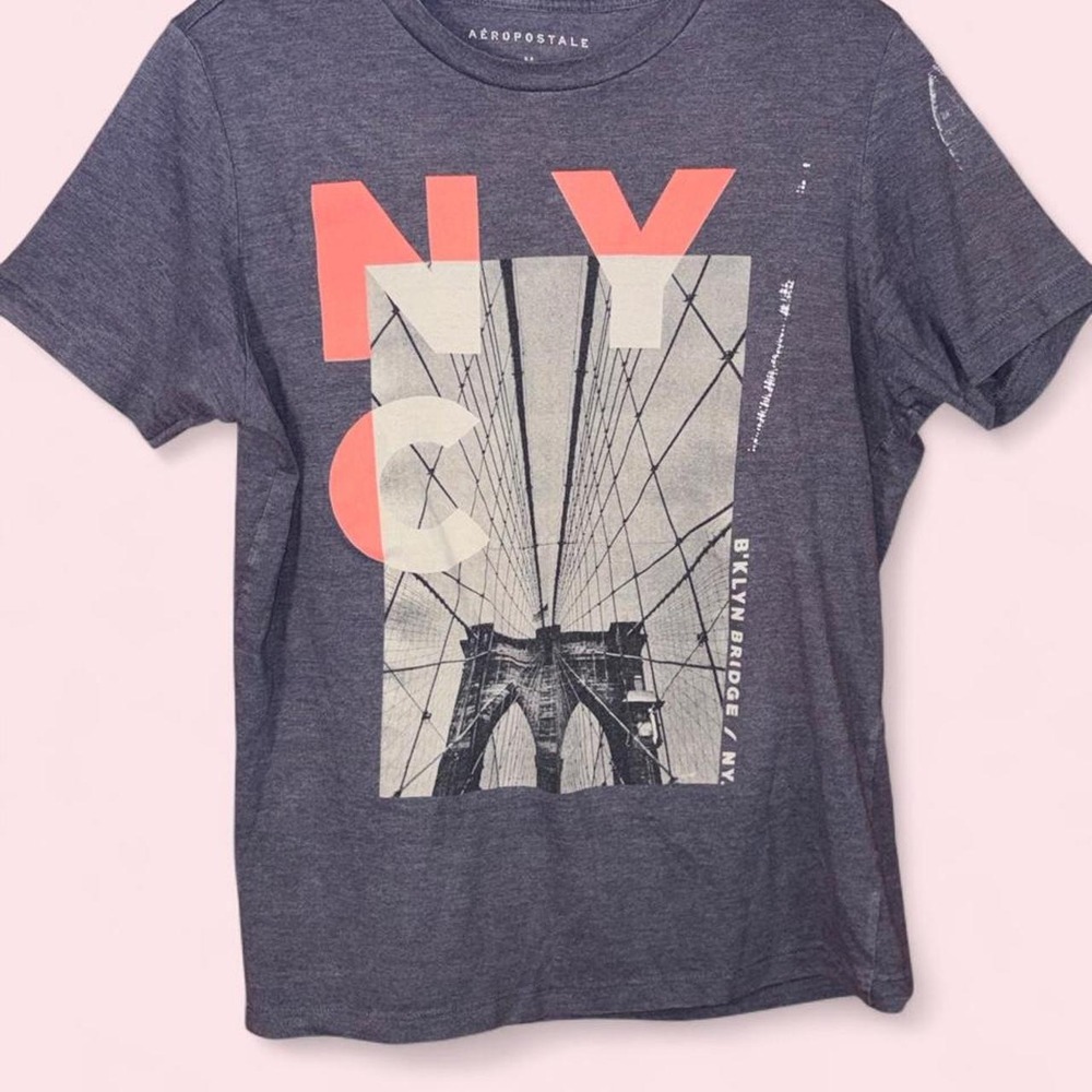 Aeropostale NYC Brooklyn Bridge Graphic T-Shirt Mens Medium Gray Heather Tee